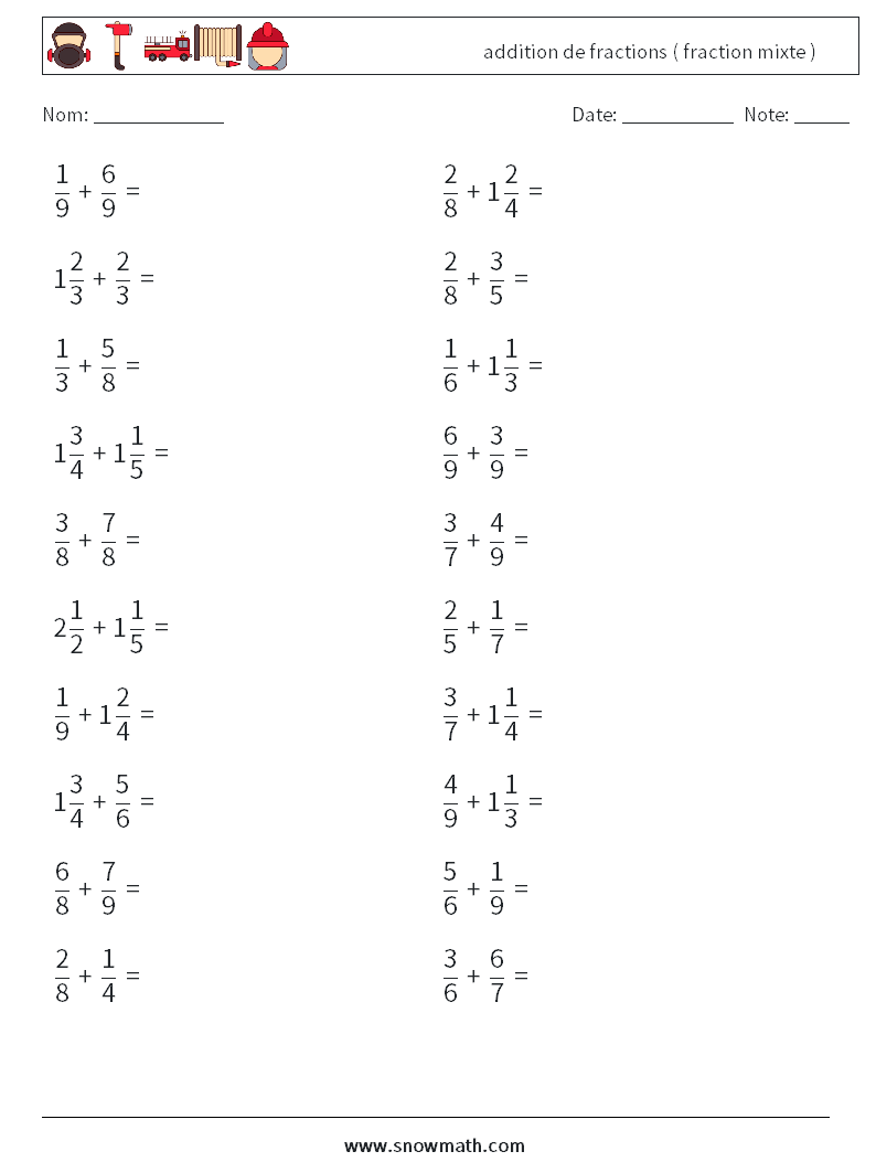 (20) addition de fractions ( fraction mixte ) Fiches d'Exercices de Mathématiques 18