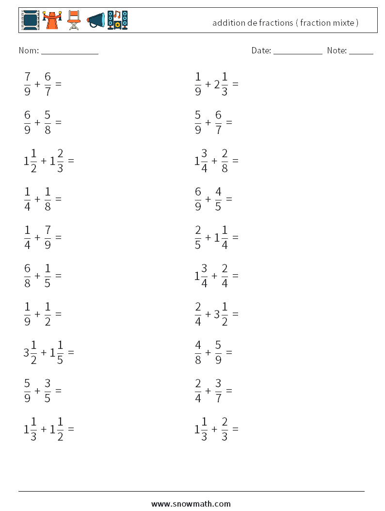 (20) addition de fractions ( fraction mixte ) Fiches d'Exercices de Mathématiques 2