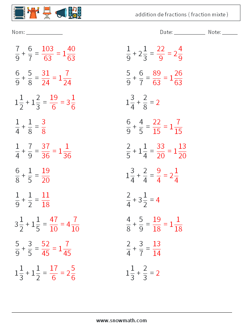 (20) addition de fractions ( fraction mixte ) Fiches d'Exercices de Mathématiques 2 Question, Réponse