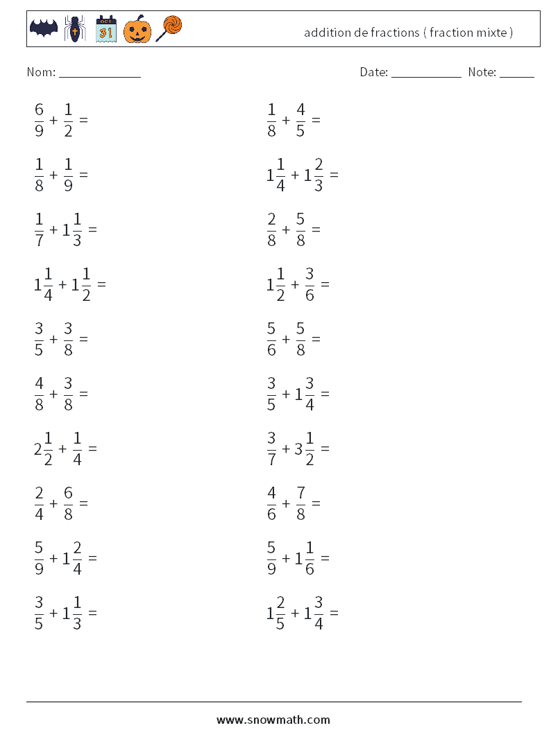 (20) addition de fractions ( fraction mixte ) Fiches d'Exercices de Mathématiques 3