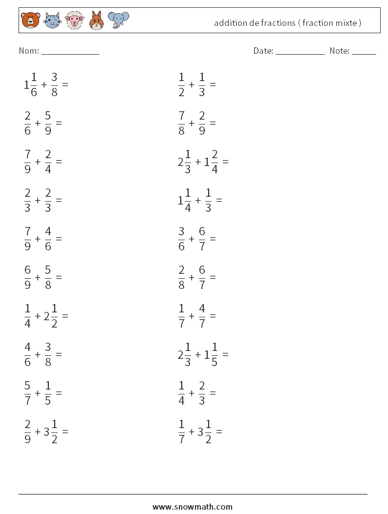 (20) addition de fractions ( fraction mixte ) Fiches d'Exercices de Mathématiques 4