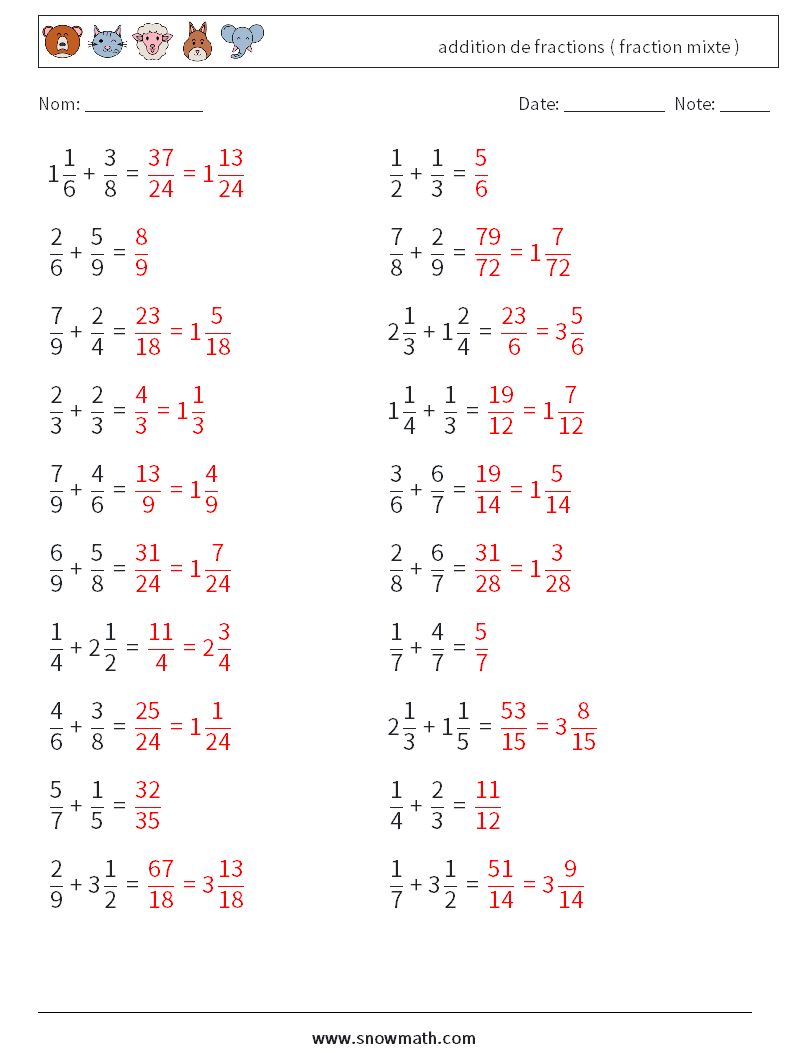 (20) addition de fractions ( fraction mixte ) Fiches d'Exercices de Mathématiques 4 Question, Réponse