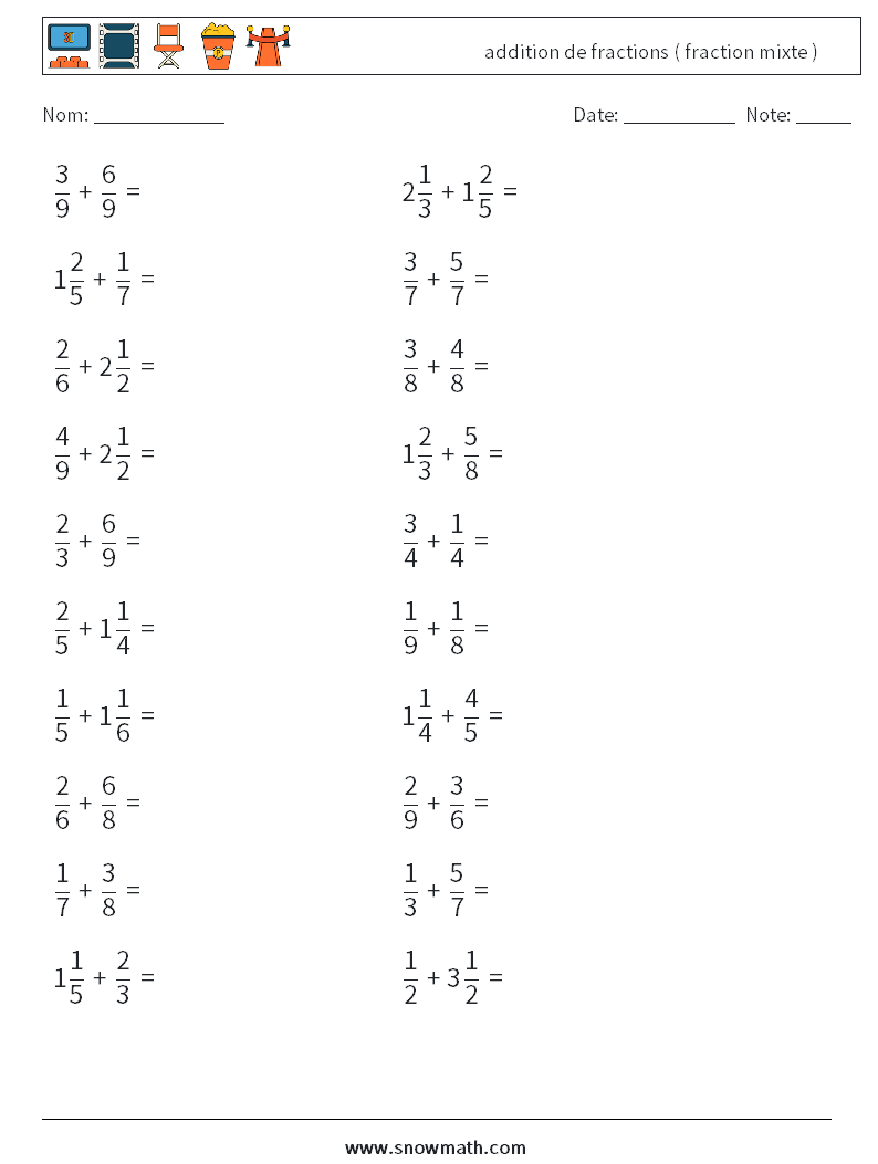 (20) addition de fractions ( fraction mixte ) Fiches d'Exercices de Mathématiques 5