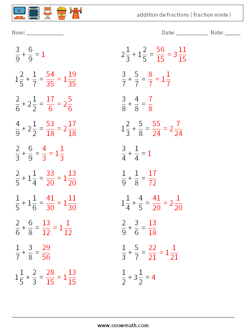 (20) addition de fractions ( fraction mixte ) Fiches d'Exercices de Mathématiques 5 Question, Réponse