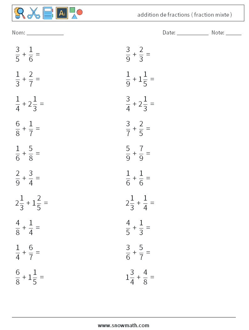 (20) addition de fractions ( fraction mixte ) Fiches d'Exercices de Mathématiques 6