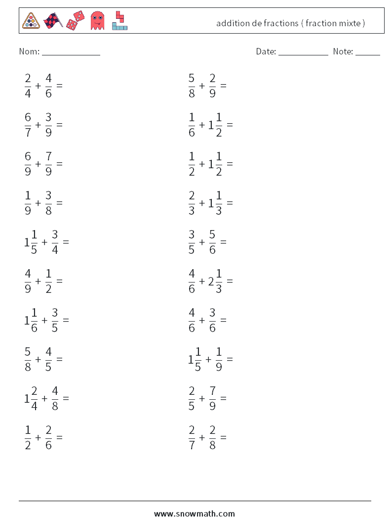 (20) addition de fractions ( fraction mixte ) Fiches d'Exercices de Mathématiques 7