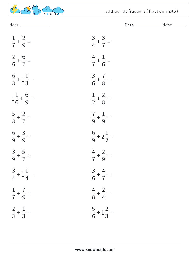 (20) addition de fractions ( fraction mixte ) Fiches d'Exercices de Mathématiques 8