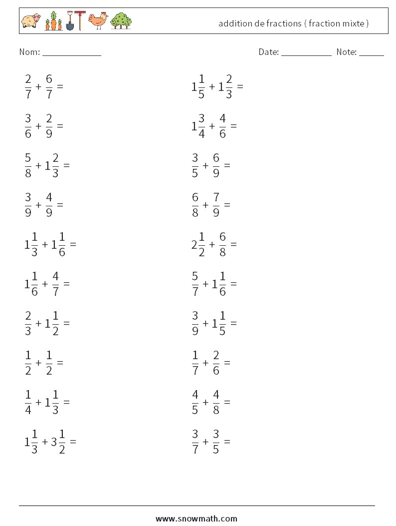 (20) addition de fractions ( fraction mixte ) Fiches d'Exercices de Mathématiques 9