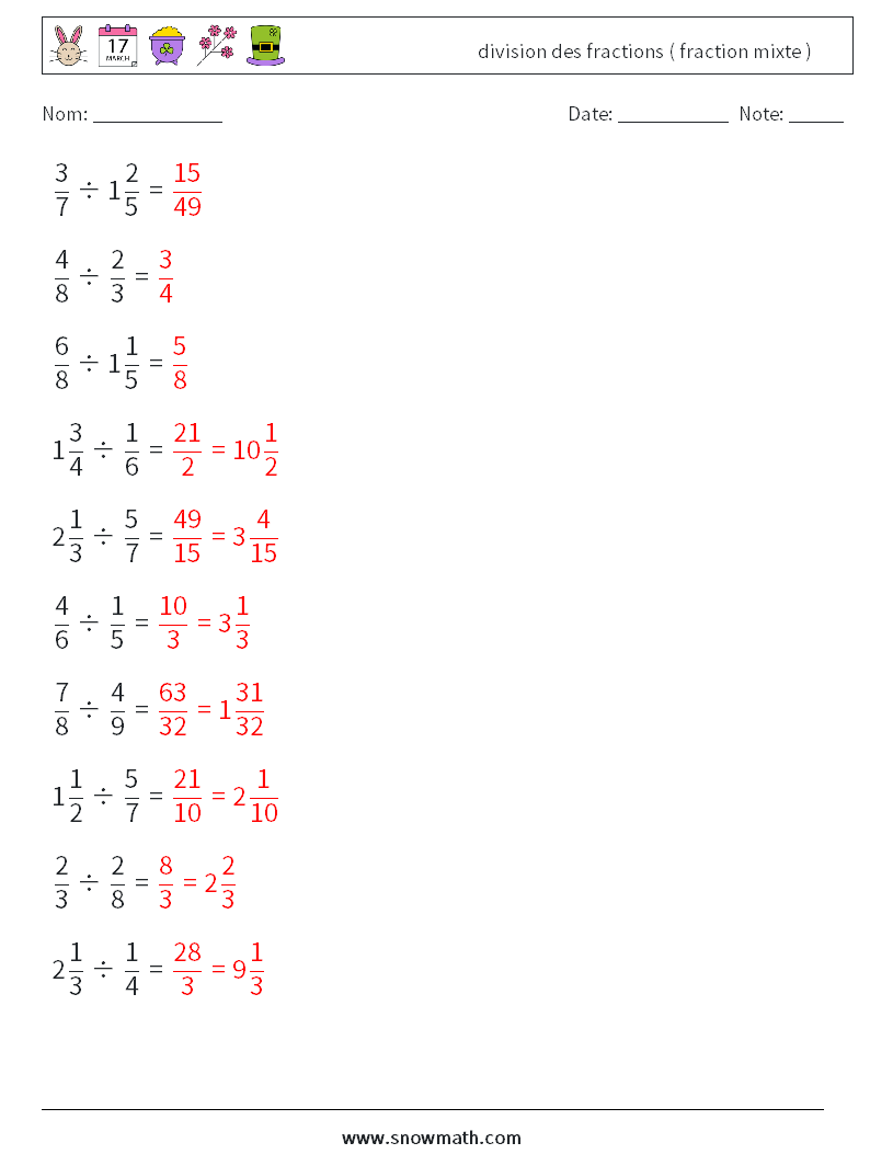 (10) division des fractions ( fraction mixte ) Fiches d'Exercices de Mathématiques 5 Question, Réponse