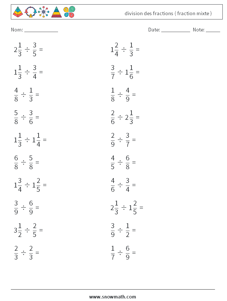 (20) division des fractions ( fraction mixte ) Fiches d'Exercices de Mathématiques 10