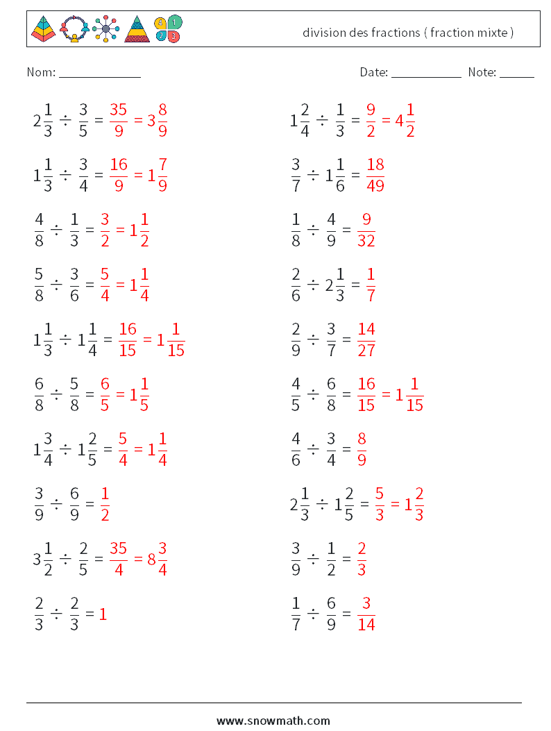 (20) division des fractions ( fraction mixte ) Fiches d'Exercices de Mathématiques 10 Question, Réponse