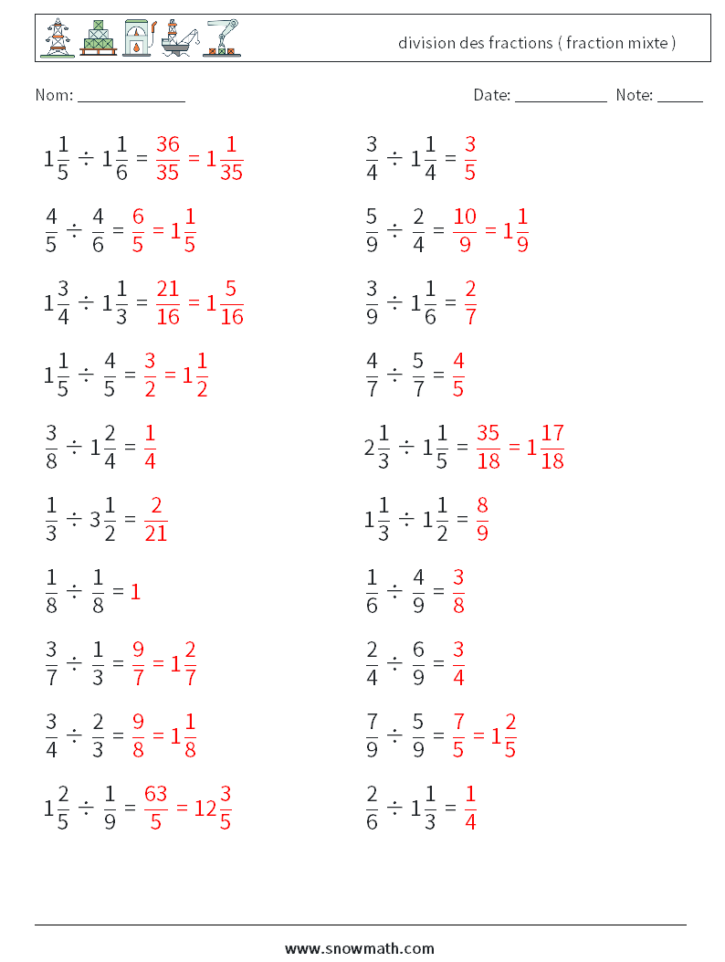 (20) division des fractions ( fraction mixte ) Fiches d'Exercices de Mathématiques 11 Question, Réponse