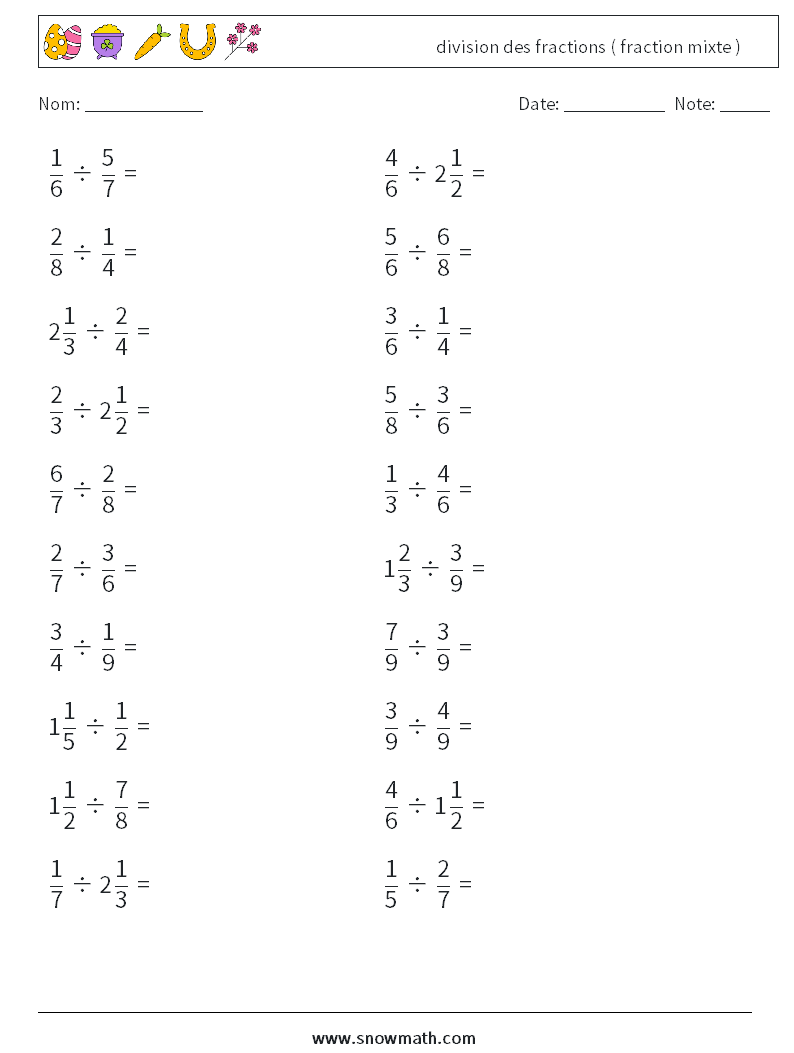 (20) division des fractions ( fraction mixte ) Fiches d'Exercices de Mathématiques 12