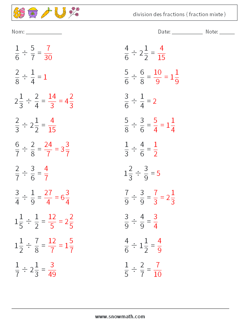 (20) division des fractions ( fraction mixte ) Fiches d'Exercices de Mathématiques 12 Question, Réponse