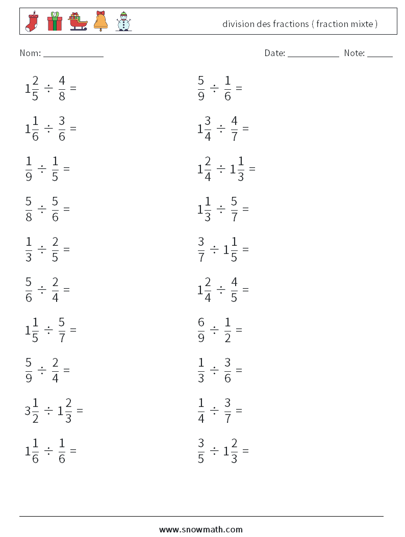(20) division des fractions ( fraction mixte ) Fiches d'Exercices de Mathématiques 13