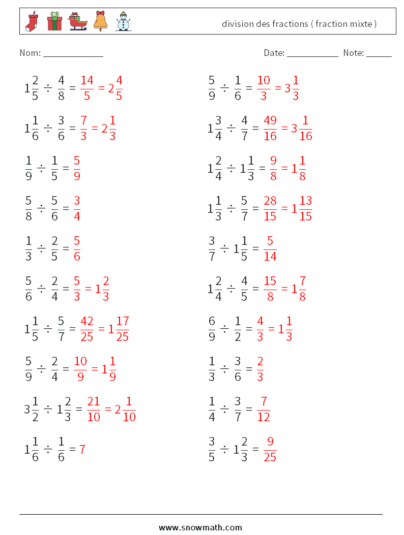 (20) division des fractions ( fraction mixte ) Fiches d'Exercices de Mathématiques 13 Question, Réponse