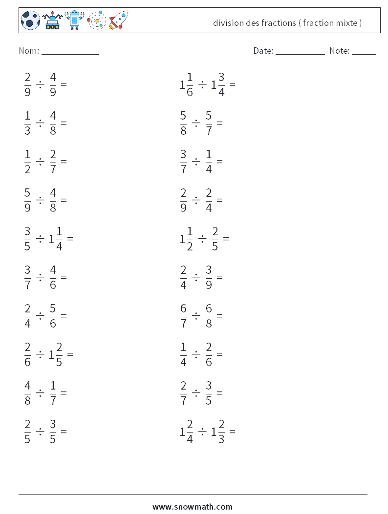 (20) division des fractions ( fraction mixte ) Fiches d'Exercices de Mathématiques 14
