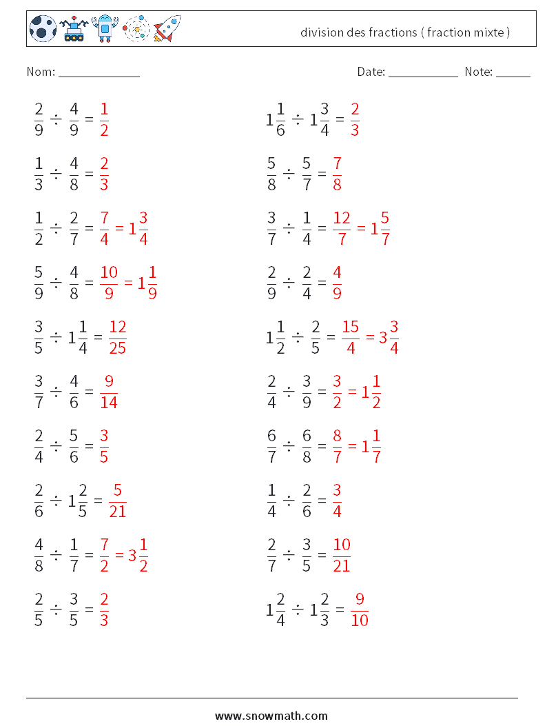 (20) division des fractions ( fraction mixte ) Fiches d'Exercices de Mathématiques 14 Question, Réponse