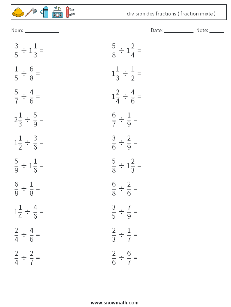(20) division des fractions ( fraction mixte ) Fiches d'Exercices de Mathématiques 15