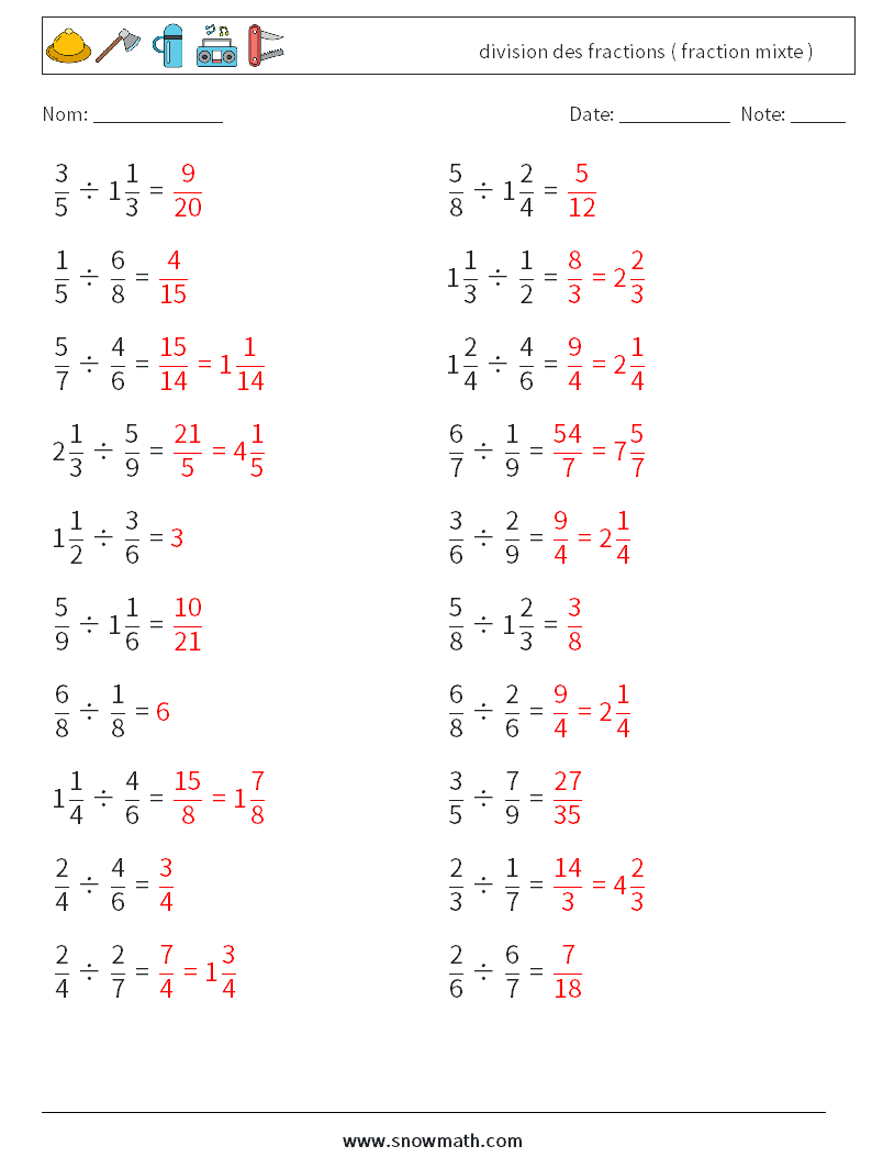 (20) division des fractions ( fraction mixte ) Fiches d'Exercices de Mathématiques 15 Question, Réponse