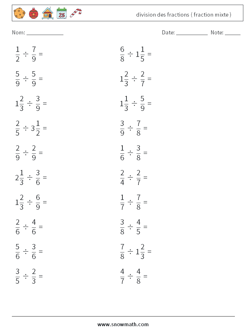 (20) division des fractions ( fraction mixte ) Fiches d'Exercices de Mathématiques 16
