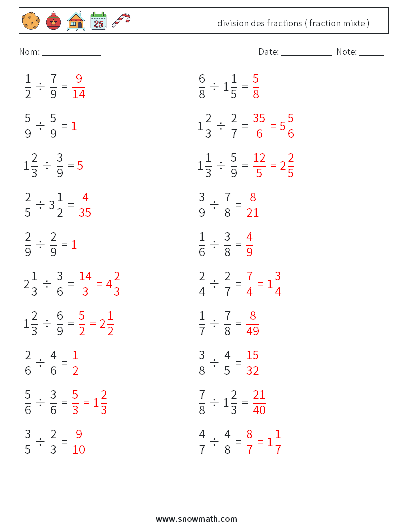(20) division des fractions ( fraction mixte ) Fiches d'Exercices de Mathématiques 16 Question, Réponse
