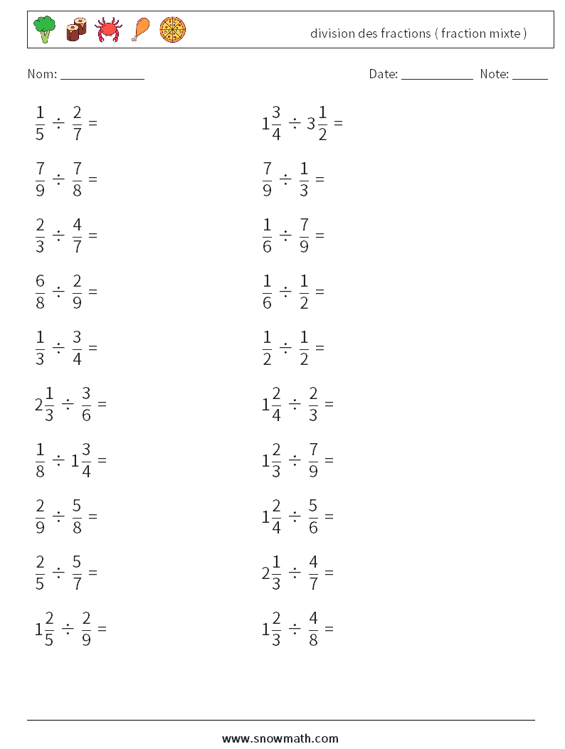 (20) division des fractions ( fraction mixte ) Fiches d'Exercices de Mathématiques 17