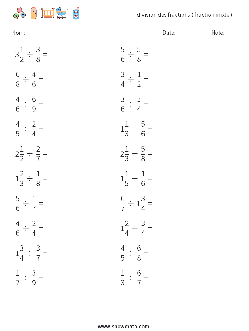 (20) division des fractions ( fraction mixte ) Fiches d'Exercices de Mathématiques 18