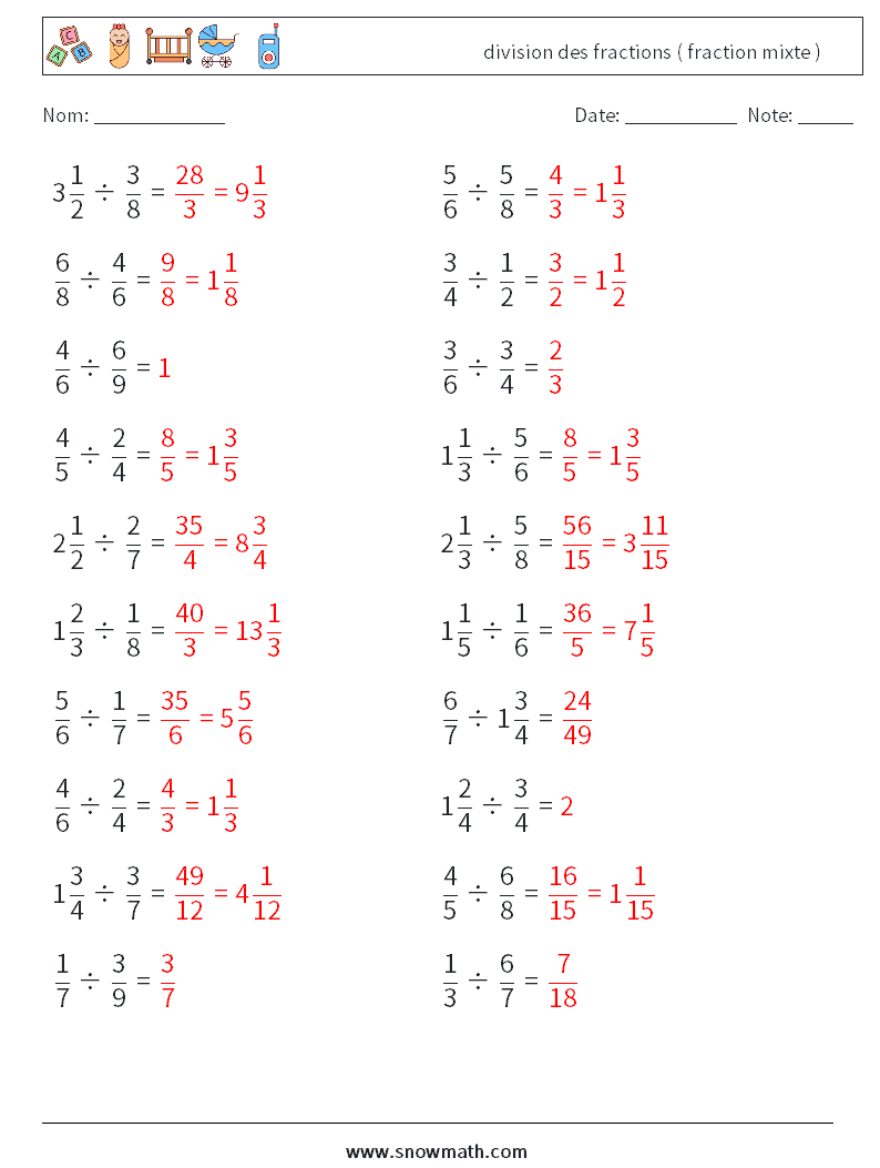 (20) division des fractions ( fraction mixte ) Fiches d'Exercices de Mathématiques 18 Question, Réponse