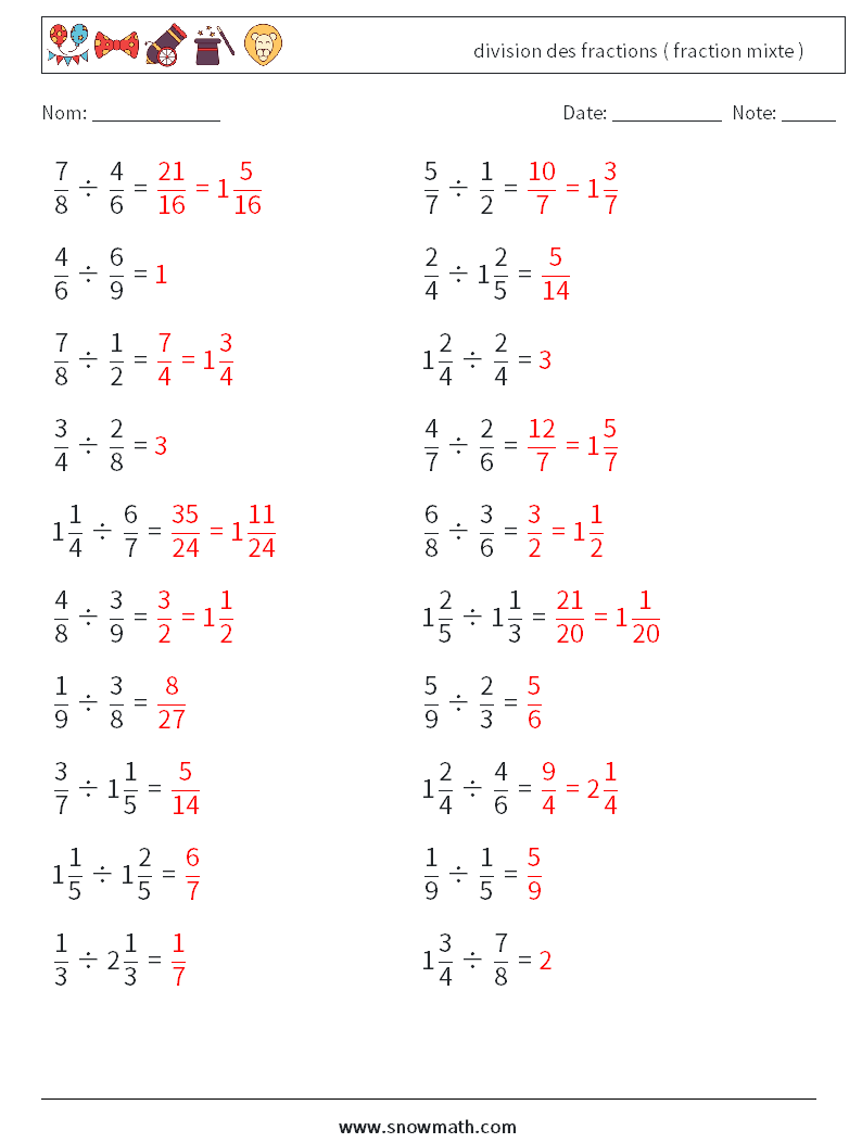 (20) division des fractions ( fraction mixte ) Fiches d'Exercices de Mathématiques 1 Question, Réponse