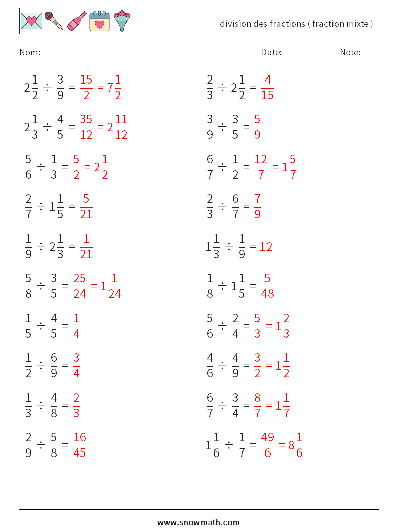 (20) division des fractions ( fraction mixte ) Fiches d'Exercices de Mathématiques 2 Question, Réponse