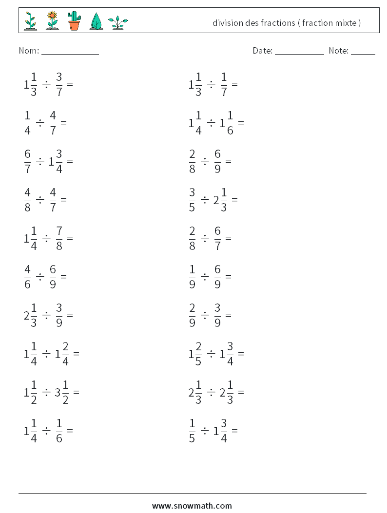 (20) division des fractions ( fraction mixte ) Fiches d'Exercices de Mathématiques 3