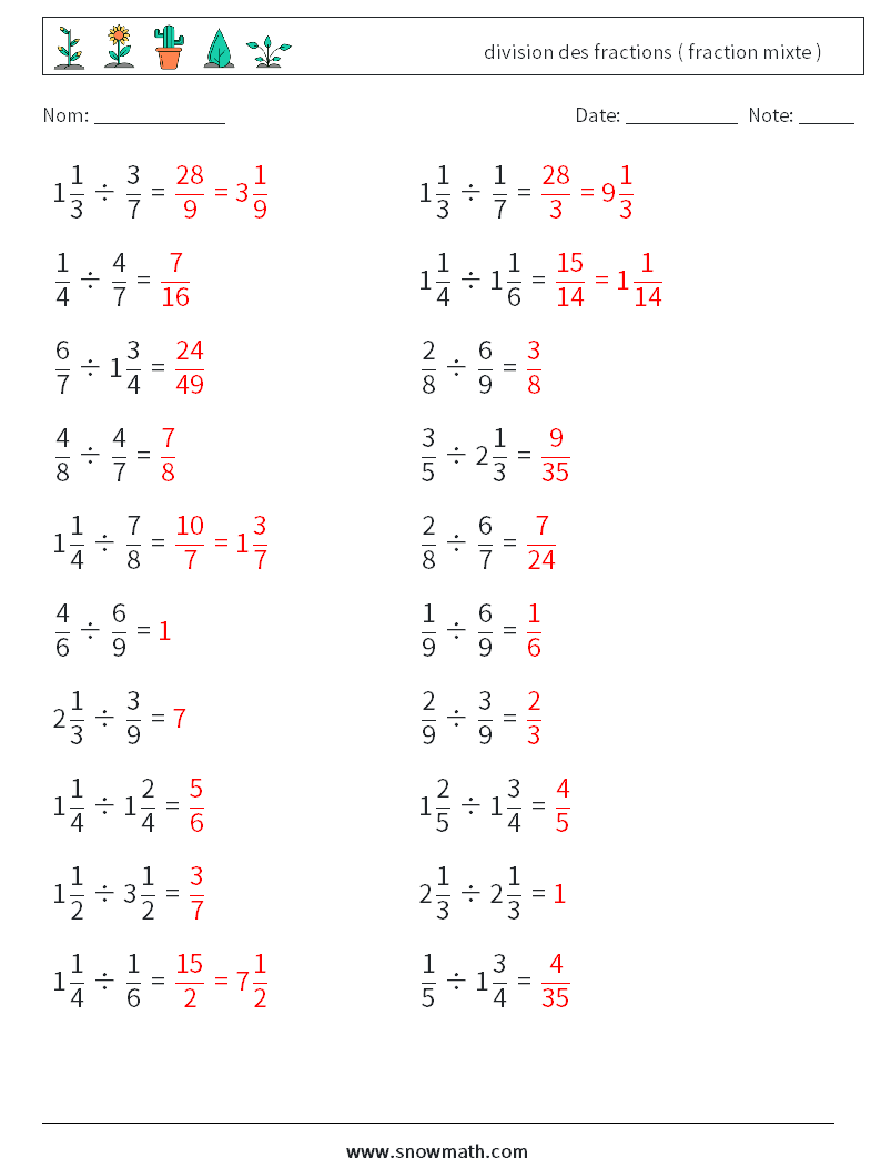 (20) division des fractions ( fraction mixte ) Fiches d'Exercices de Mathématiques 3 Question, Réponse