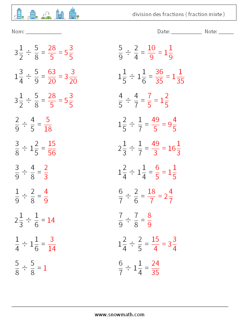 (20) division des fractions ( fraction mixte ) Fiches d'Exercices de Mathématiques 4 Question, Réponse
