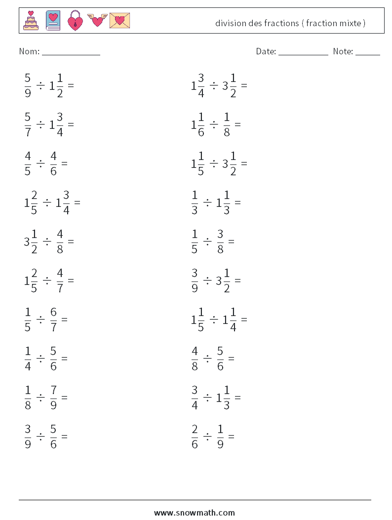 (20) division des fractions ( fraction mixte ) Fiches d'Exercices de Mathématiques 5