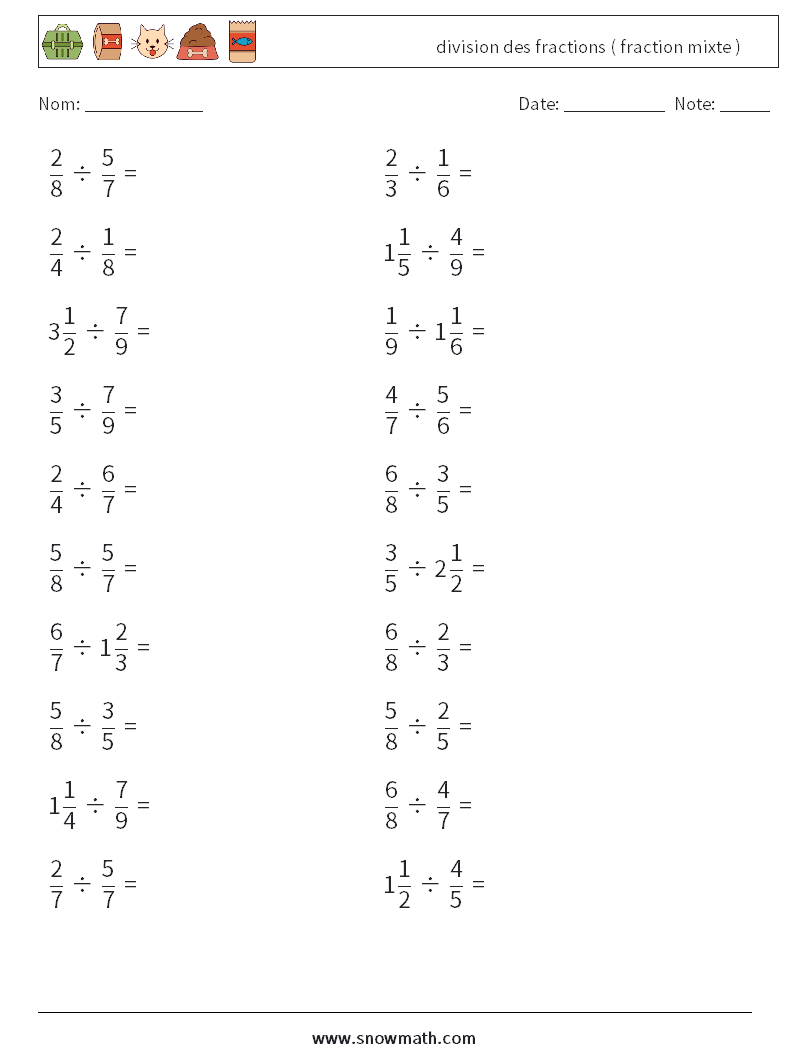 (20) division des fractions ( fraction mixte ) Fiches d'Exercices de Mathématiques 6