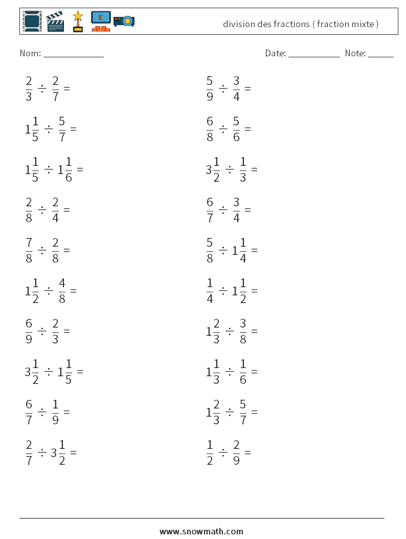 (20) division des fractions ( fraction mixte ) Fiches d'Exercices de Mathématiques 7
