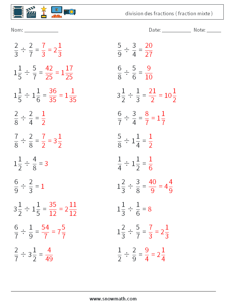 (20) division des fractions ( fraction mixte ) Fiches d'Exercices de Mathématiques 7 Question, Réponse