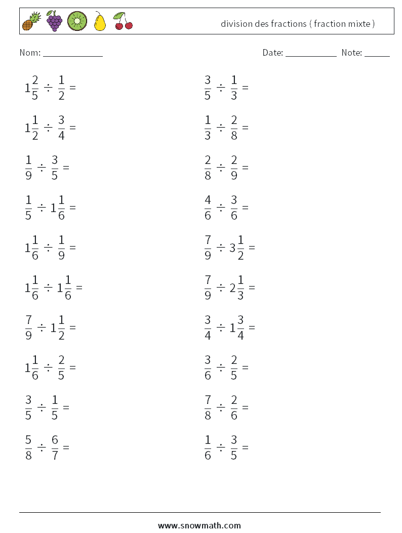 (20) division des fractions ( fraction mixte ) Fiches d'Exercices de Mathématiques 8