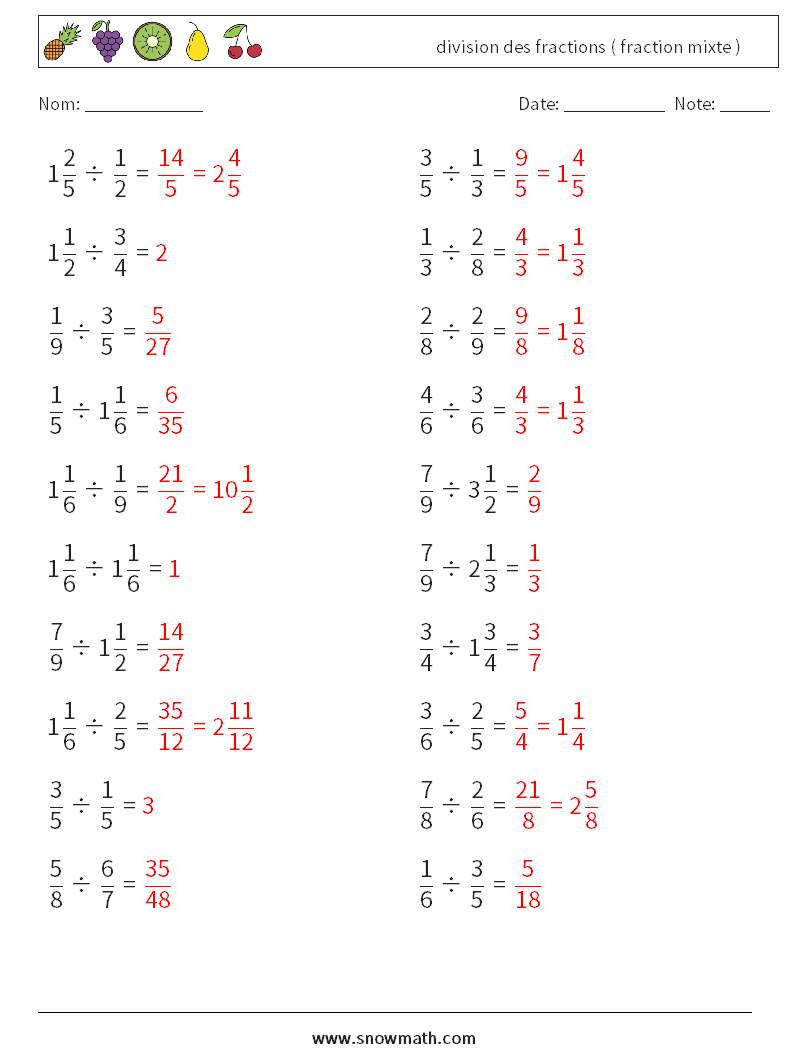 (20) division des fractions ( fraction mixte ) Fiches d'Exercices de Mathématiques 8 Question, Réponse