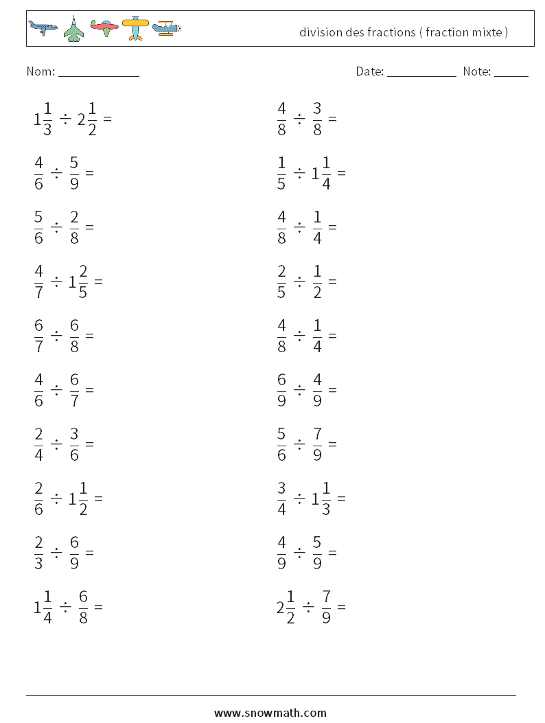 (20) division des fractions ( fraction mixte ) Fiches d'Exercices de Mathématiques 9