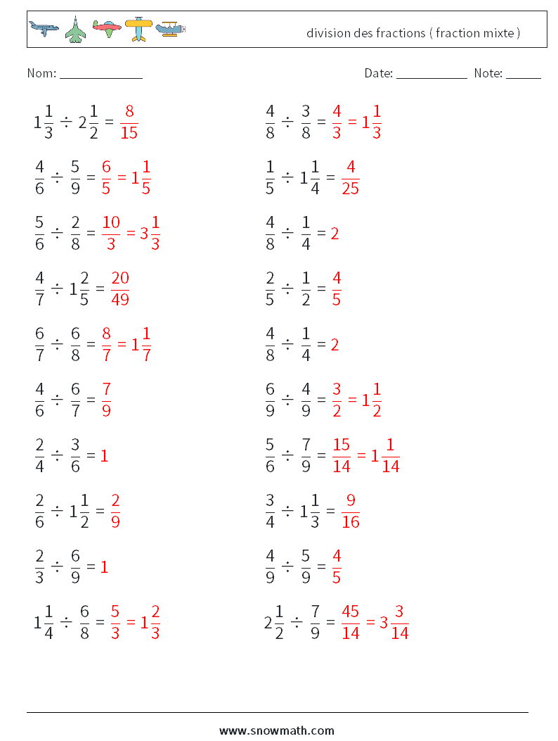 (20) division des fractions ( fraction mixte ) Fiches d'Exercices de Mathématiques 9 Question, Réponse