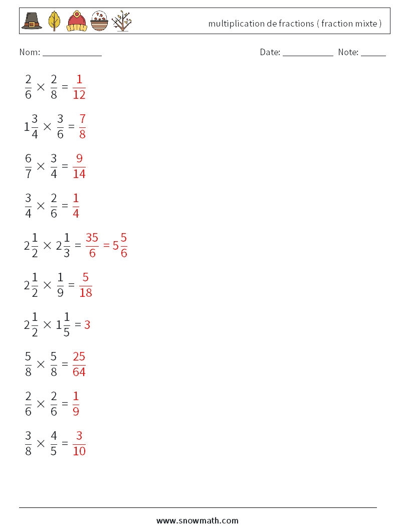 (10) multiplication de fractions ( fraction mixte ) Fiches d'Exercices de Mathématiques 1 Question, Réponse