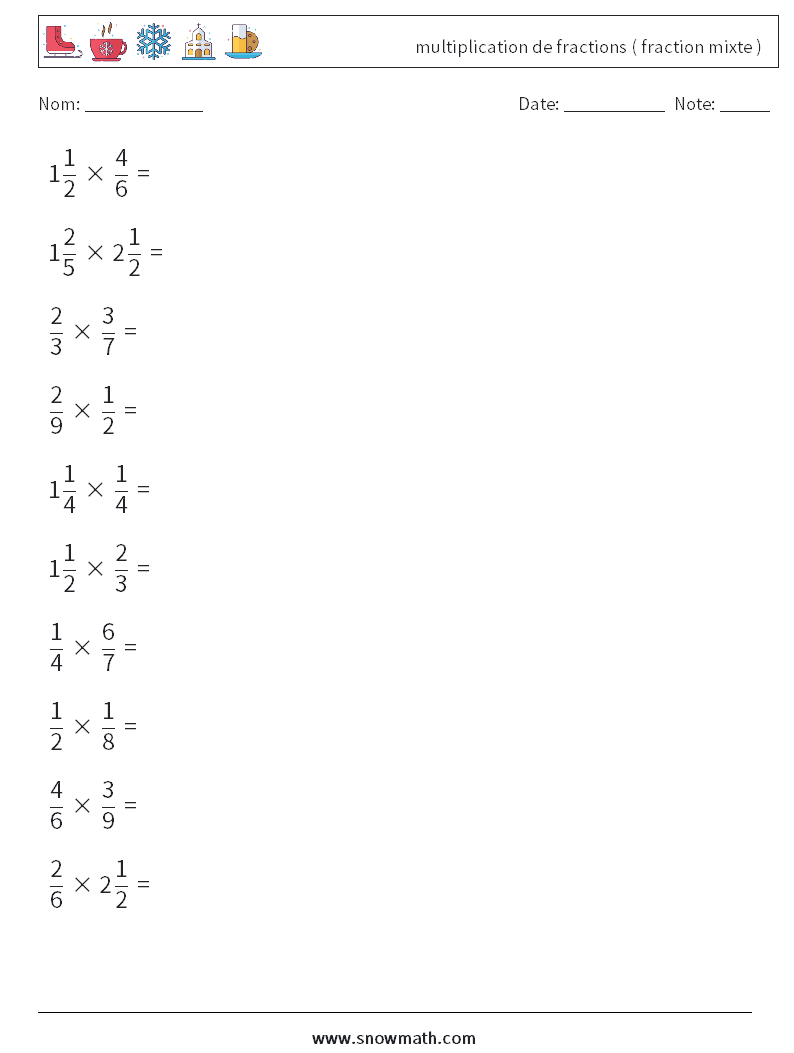 (10) multiplication de fractions ( fraction mixte ) Fiches d'Exercices de Mathématiques 3