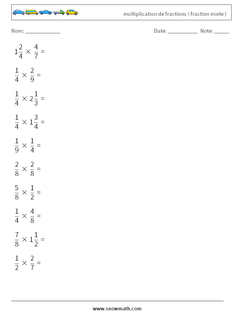 (10) multiplication de fractions ( fraction mixte ) Fiches d'Exercices de Mathématiques 6