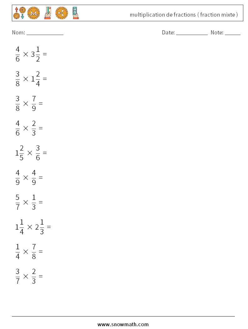 (10) multiplication de fractions ( fraction mixte ) Fiches d'Exercices de Mathématiques 7