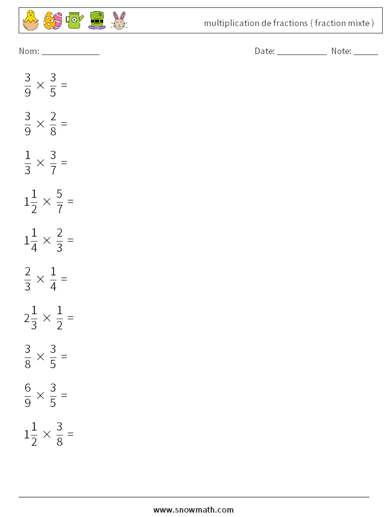 (10) multiplication de fractions ( fraction mixte ) Fiches d'Exercices de Mathématiques 8