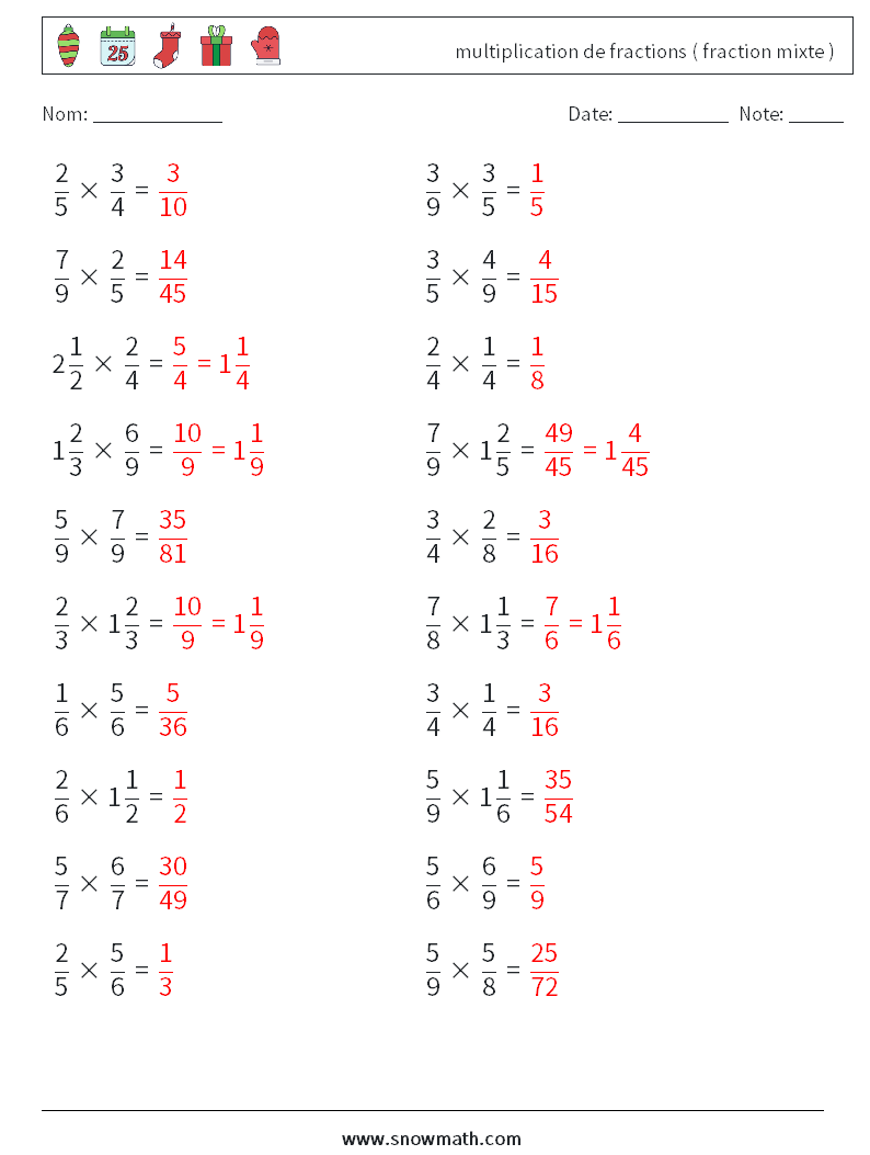 (20) multiplication de fractions ( fraction mixte ) Fiches d'Exercices de Mathématiques 10 Question, Réponse