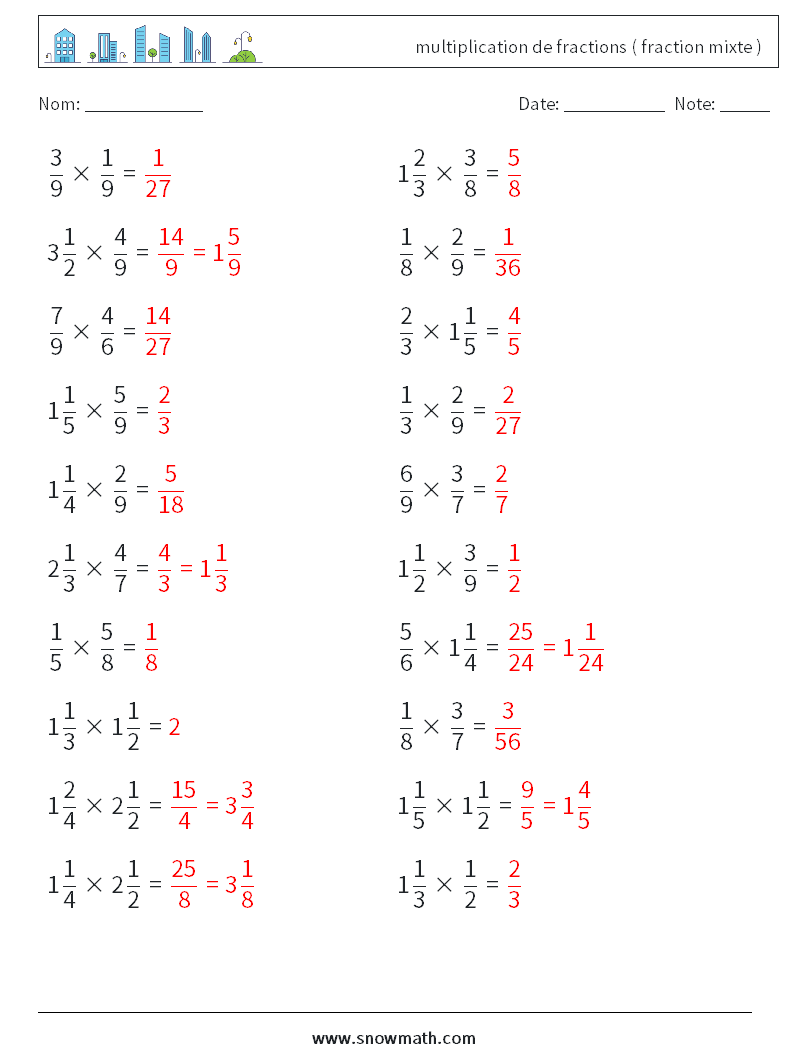 (20) multiplication de fractions ( fraction mixte ) Fiches d'Exercices de Mathématiques 11 Question, Réponse