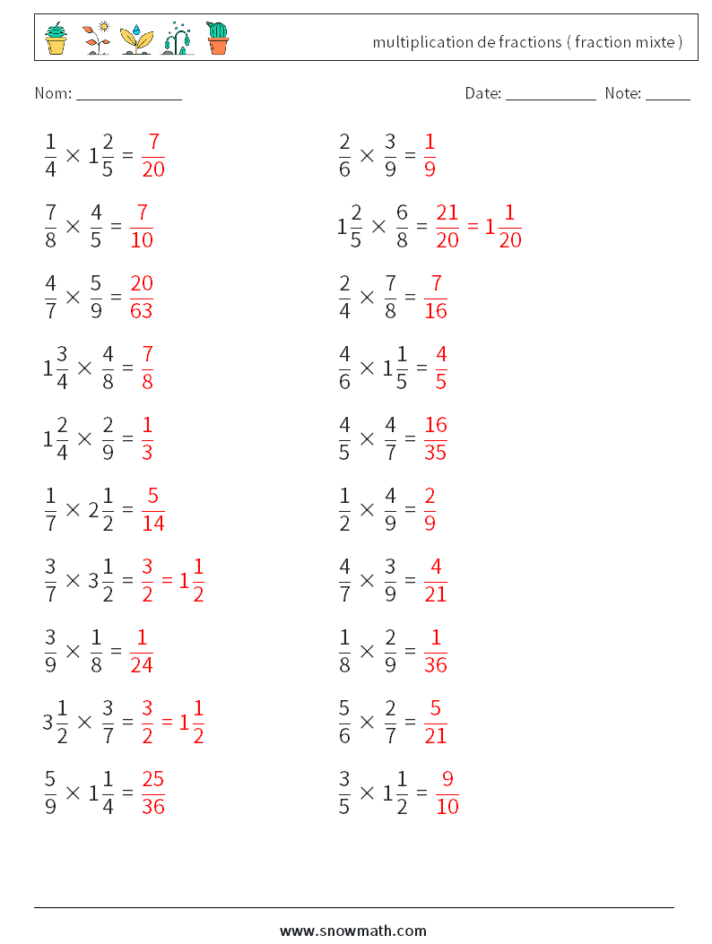 (20) multiplication de fractions ( fraction mixte ) Fiches d'Exercices de Mathématiques 12 Question, Réponse